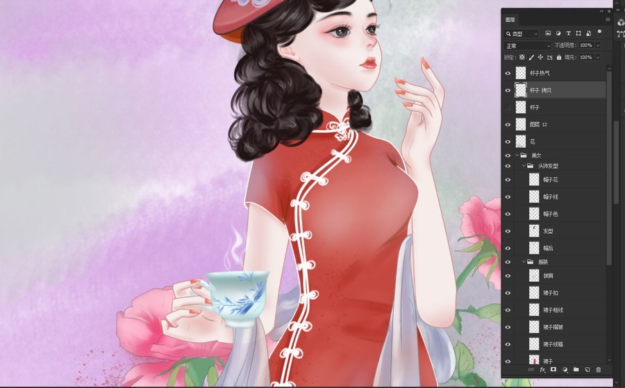 旗袍美女品茶