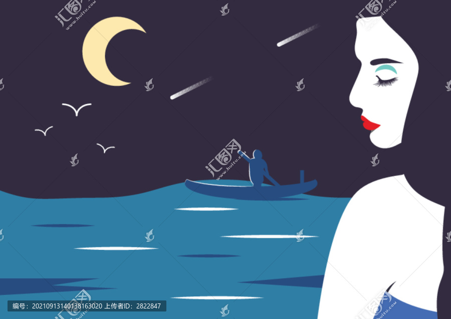 撞色插畫夜晚少女之夢