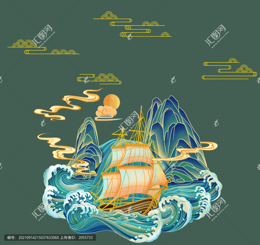 國潮國風(fēng)山水一帆風(fēng)順插畫