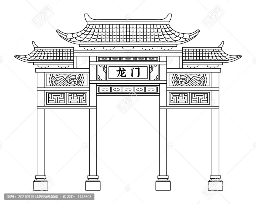 鯉魚躍龍門牌坊建筑線稿素材