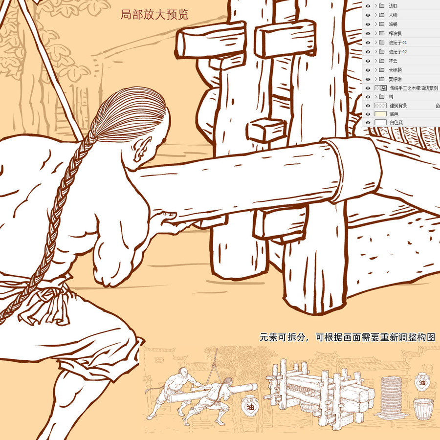 清代木榨油作坊插畫線描版