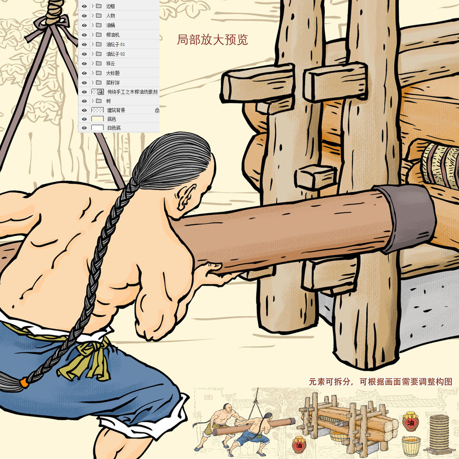 清代木榨油作坊插畫(huà)