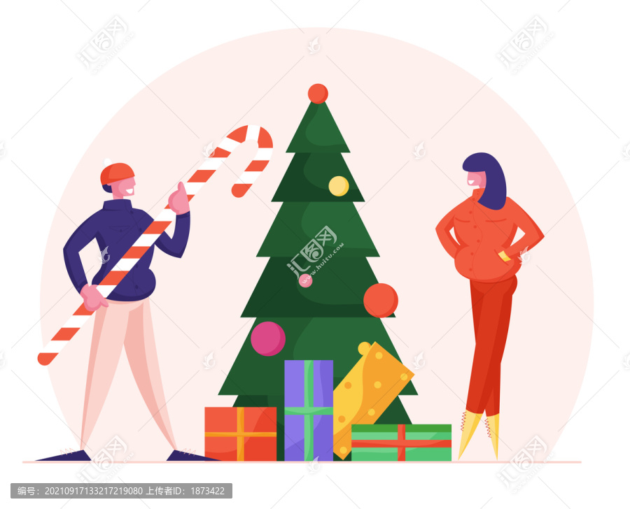 手拿拐杖糖欢庆圣诞节的男女插图