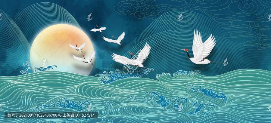 中國(guó)風(fēng)海浪仙鶴圖