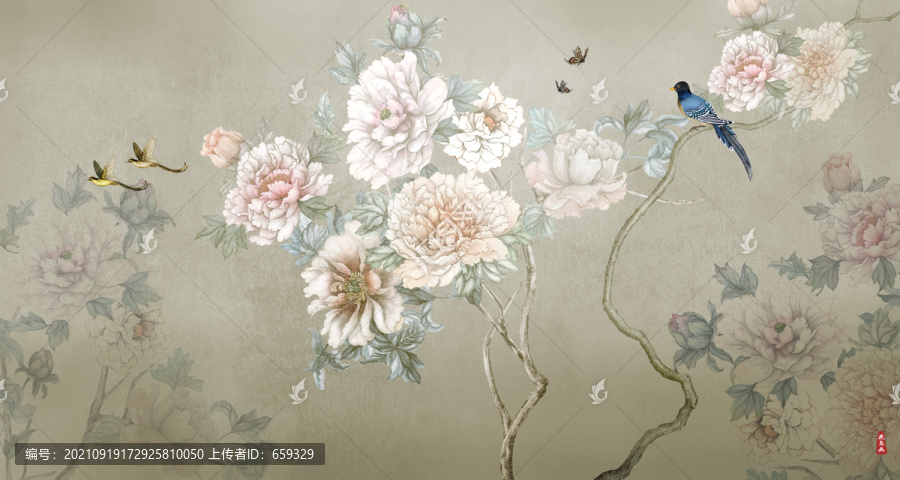 新中式花鳥壁畫背景圖