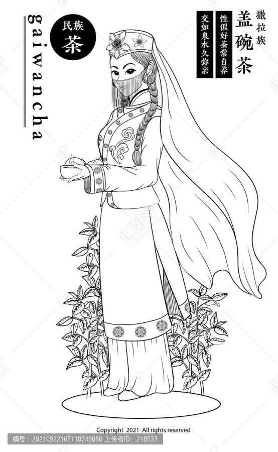 撒拉族女孩民茶文化包裝插畫線稿