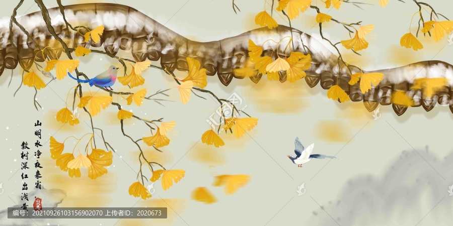 新中式手繪銀杏葉花鳥背景墻