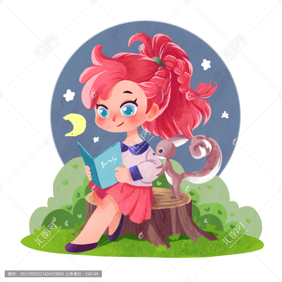 兒童插畫卡通可愛二次元看書女孩