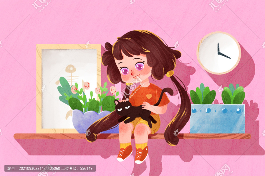 兒童插畫卡通可愛擼貓女孩