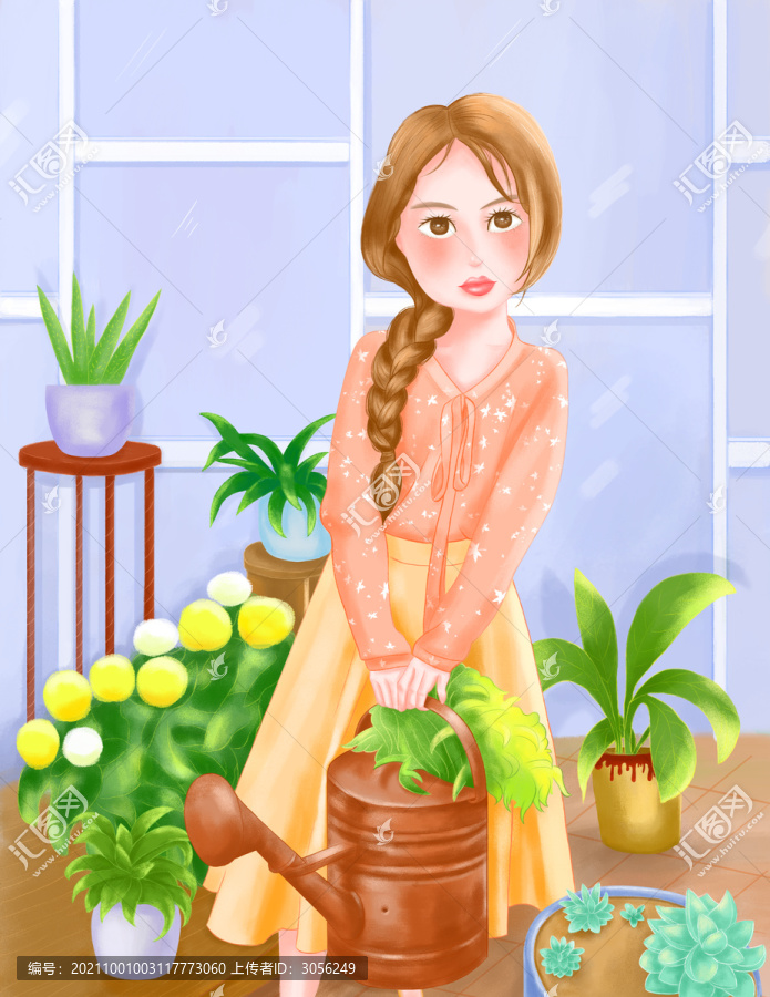 手繪澆花的女孩