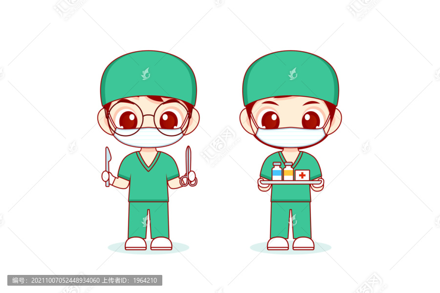 卡通戴口罩手術(shù)醫(yī)生護(hù)士矢量插畫