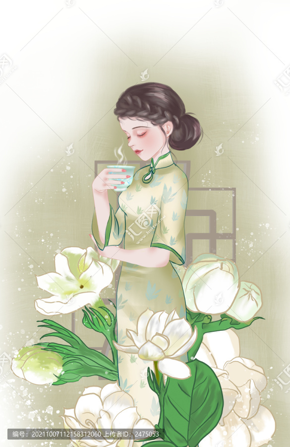 旗袍美女品茶
