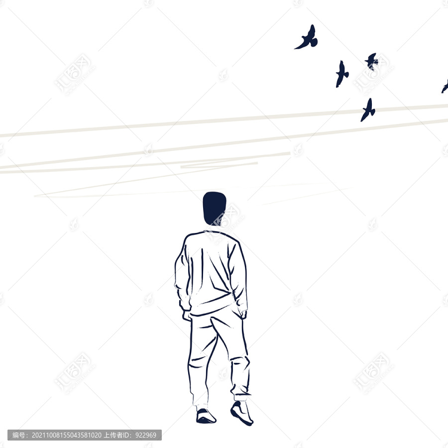 線描速寫男子和鴿子有故事的男人