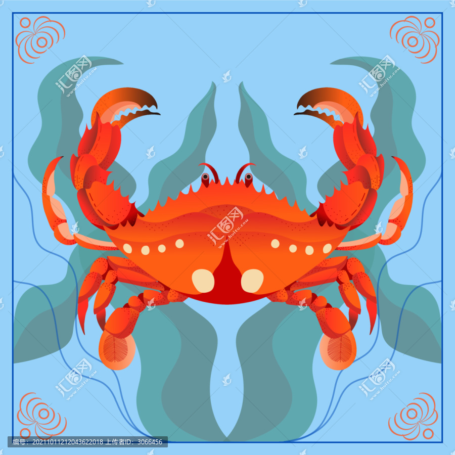 一只紅色海蟹在海草叢中暢游