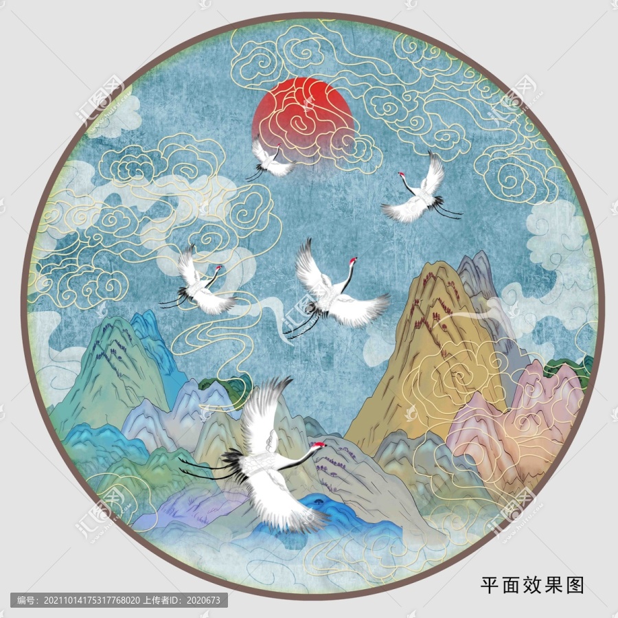青綠山水祥云仙鶴鏡心