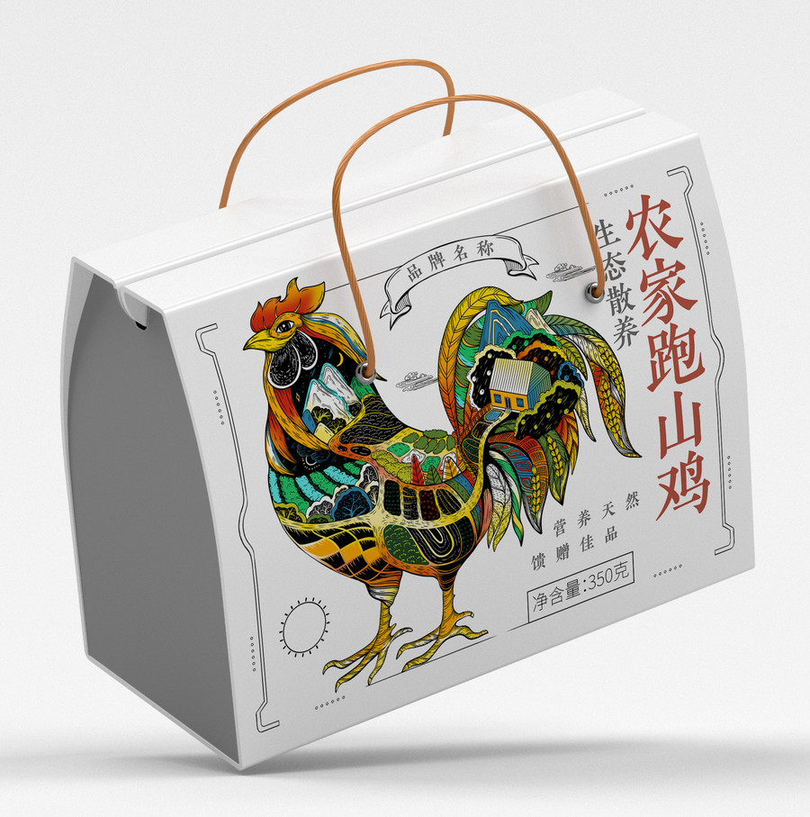 農(nóng)家土雞跑山雞大米禮盒包裝插畫
