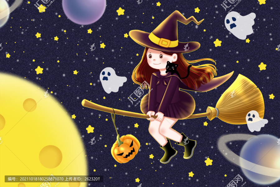 萬圣節(jié)宇宙夜空里騎掃把的小女巫
