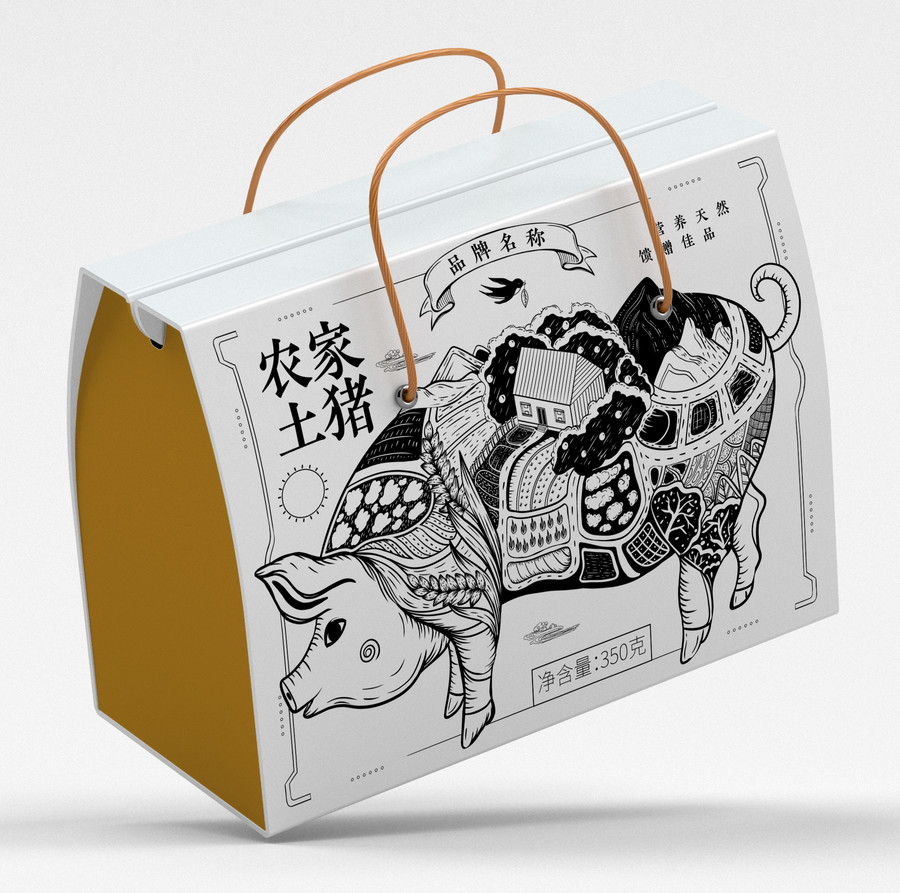 農(nóng)家黑土豬肉跑山豬包裝插畫線稿