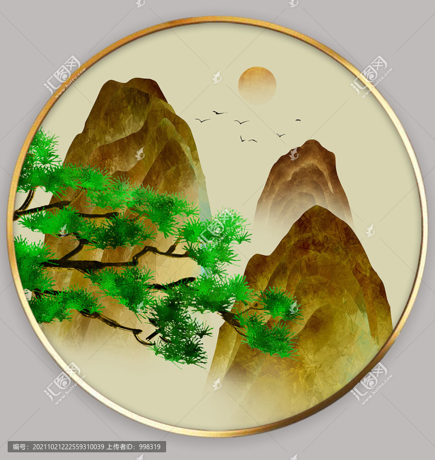 新中式簡約意境工筆山水畫
