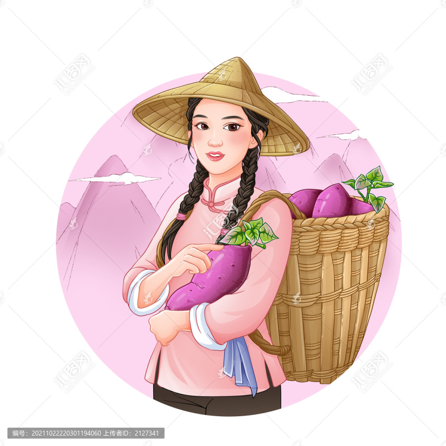 农家女孩紫薯插画