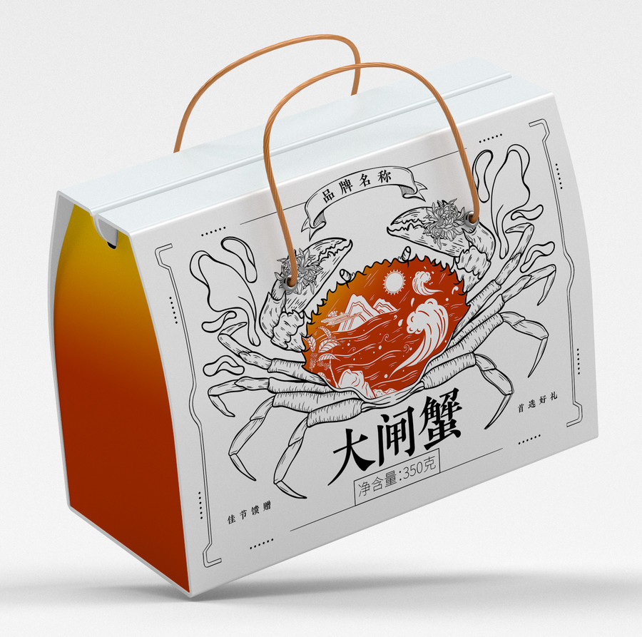 大闸蟹螃蟹线描插画礼盒包装设计