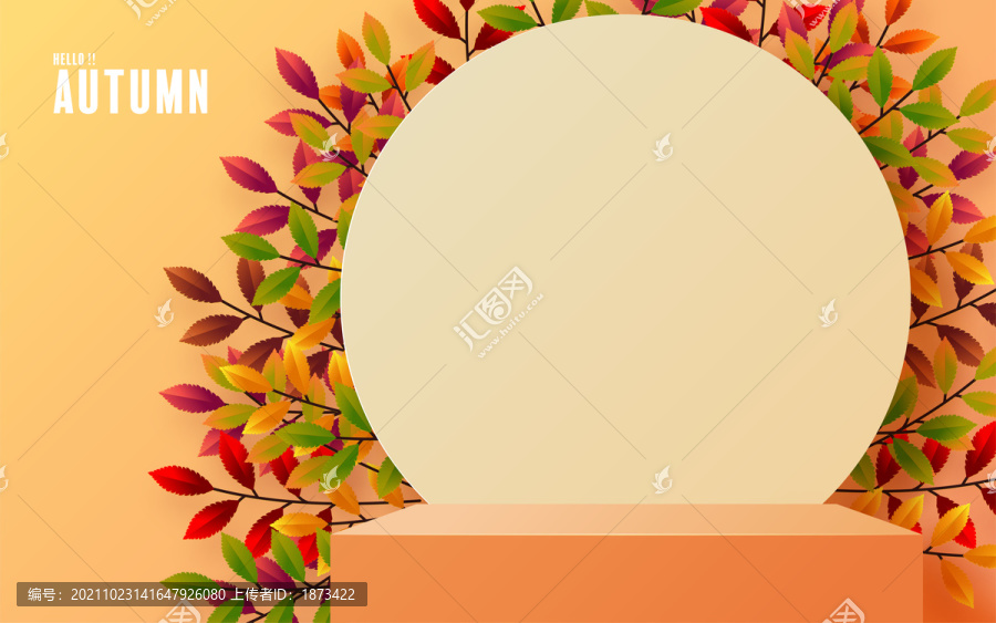 秋天紅綠嫩葉圓形展示臺背景