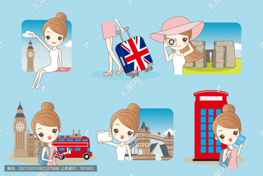 少女英國倫敦旅游卡通插圖