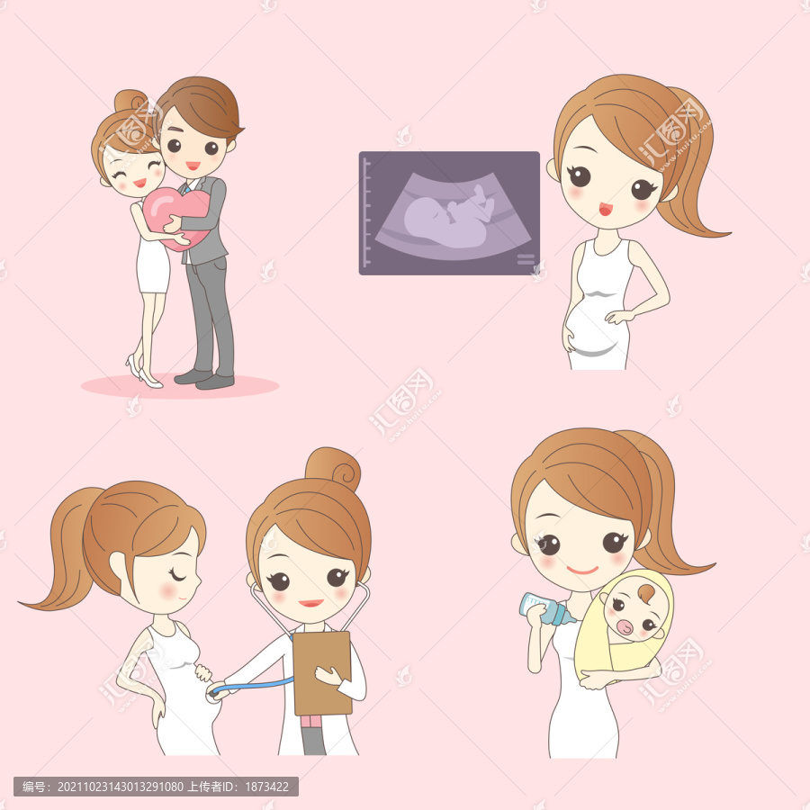 怀孕女性产检,婴儿出生卡通插图