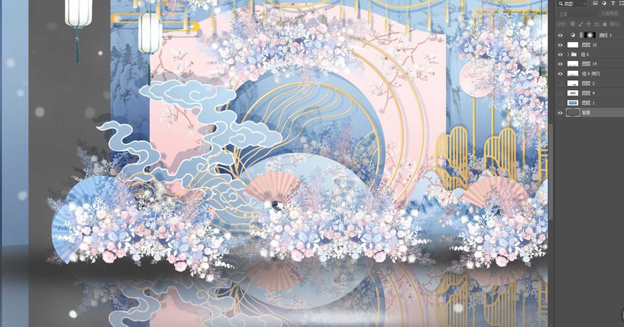粉藍(lán)色新中式婚禮迎賓區(qū)