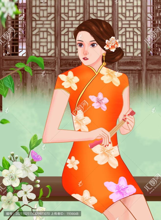 旗袍美女與l綠色茉莉花