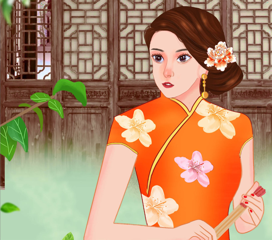 旗袍美女與l綠色茉莉花