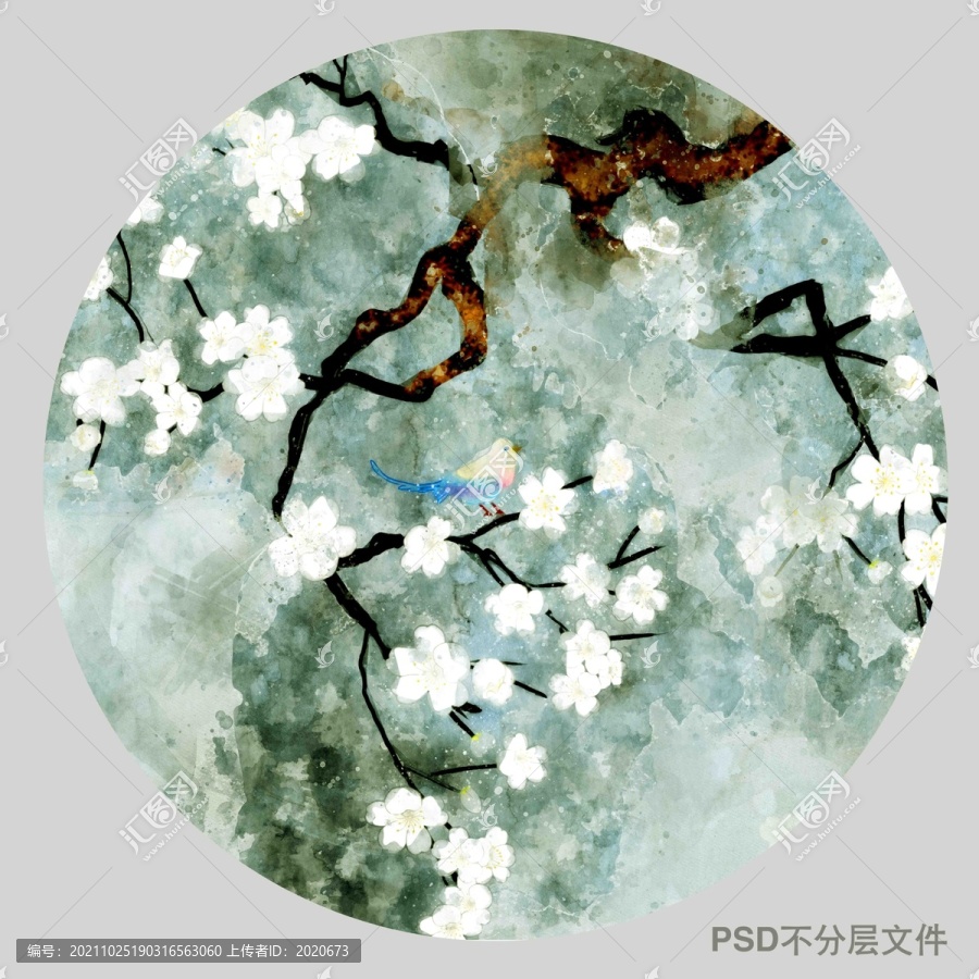 水彩圓形梅花圖