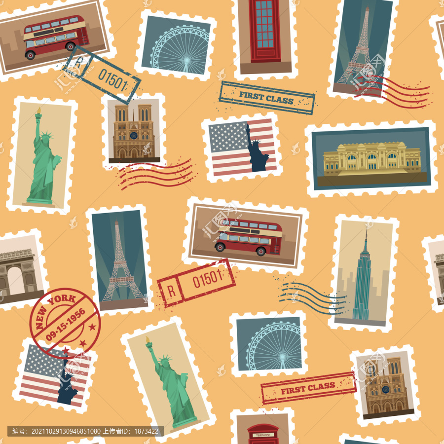 世界景点邮票平铺创意设计插图
