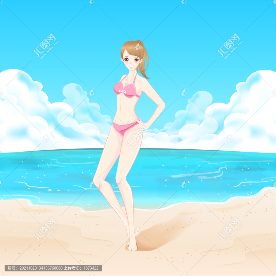 沙灘少女叉腰展現窈窕曲線插圖