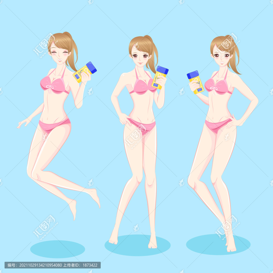 比基尼少女展示防曬霜插圖