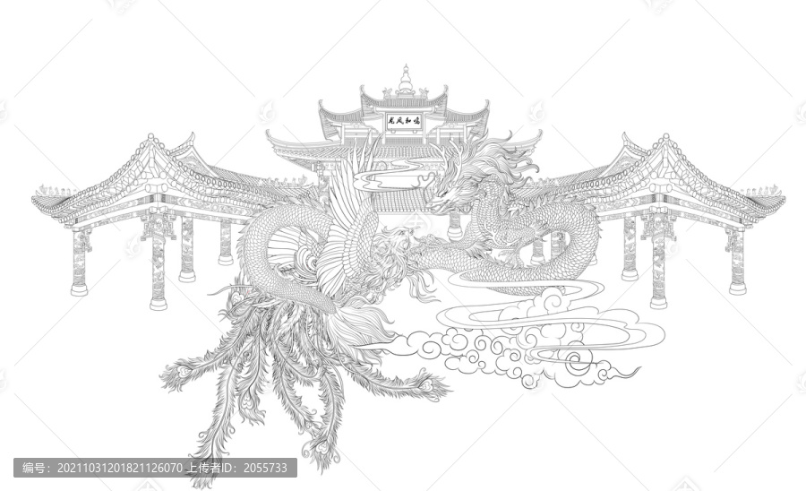 龍鳳合鳴白描線稿