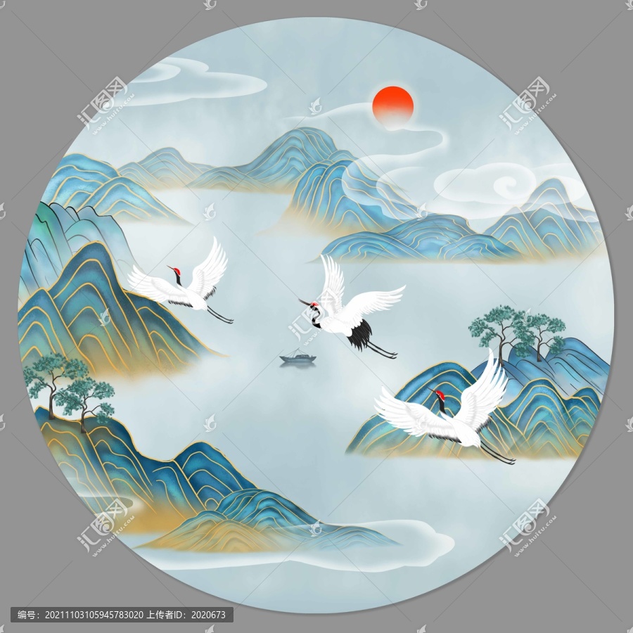 仙鶴山水插畫