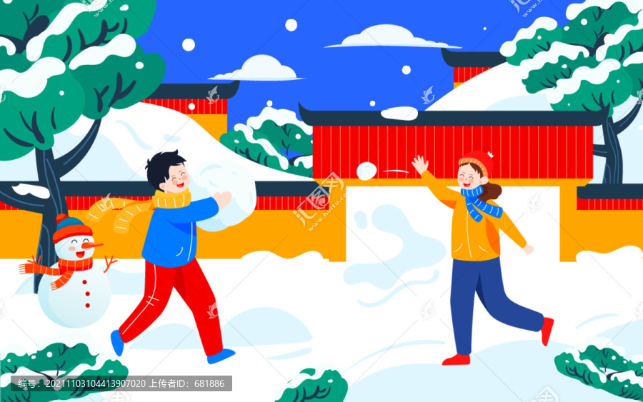 小孩打雪仗立冬節(jié)氣冬天雪景插畫