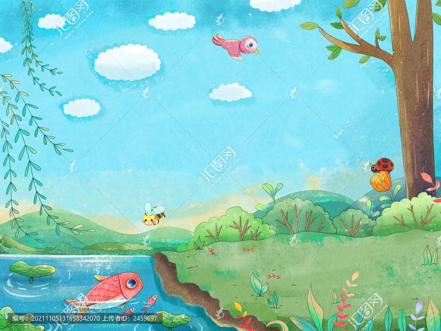 手繪水彩春天風景背景插畫