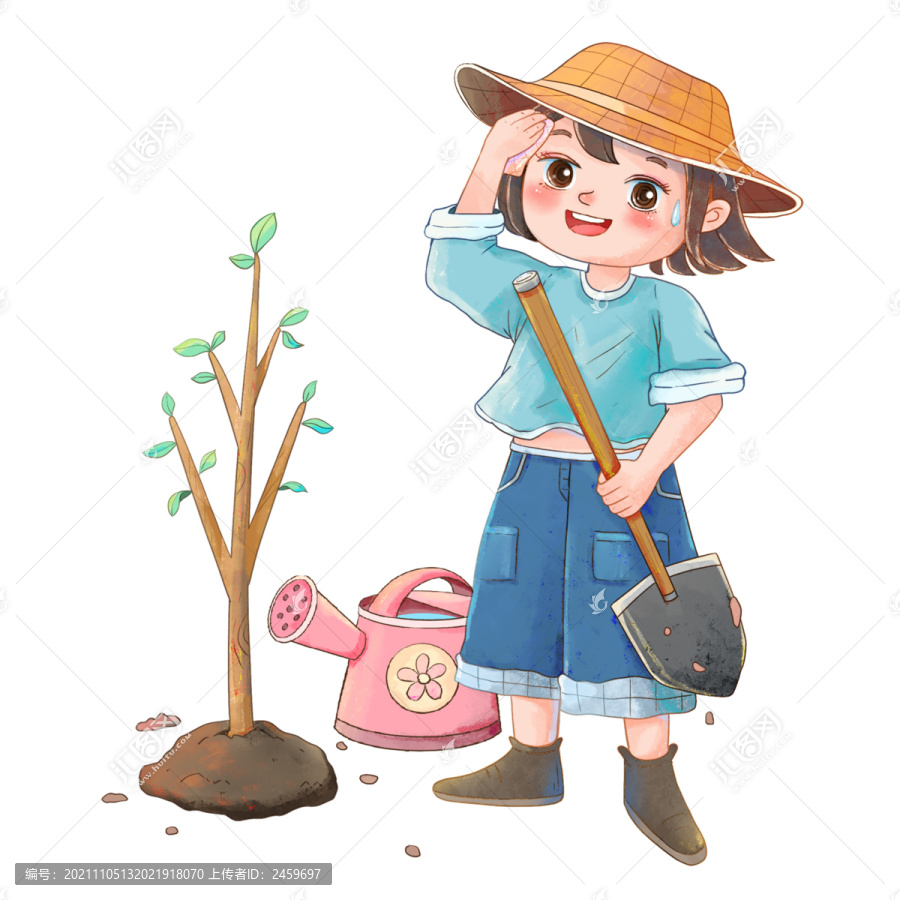 手繪水彩種樹的女孩元素