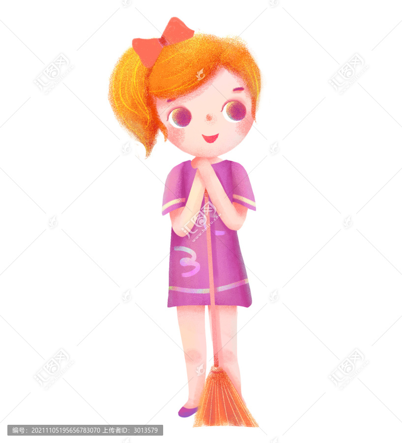 穿T恤女孩拿掃帚做清潔卡通元素