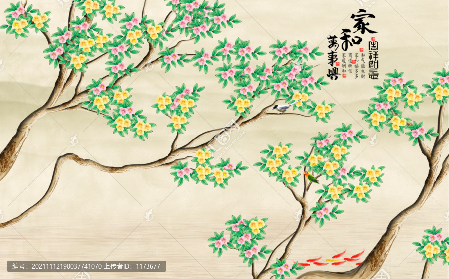 原創(chuàng)手繪花鳥背景墻