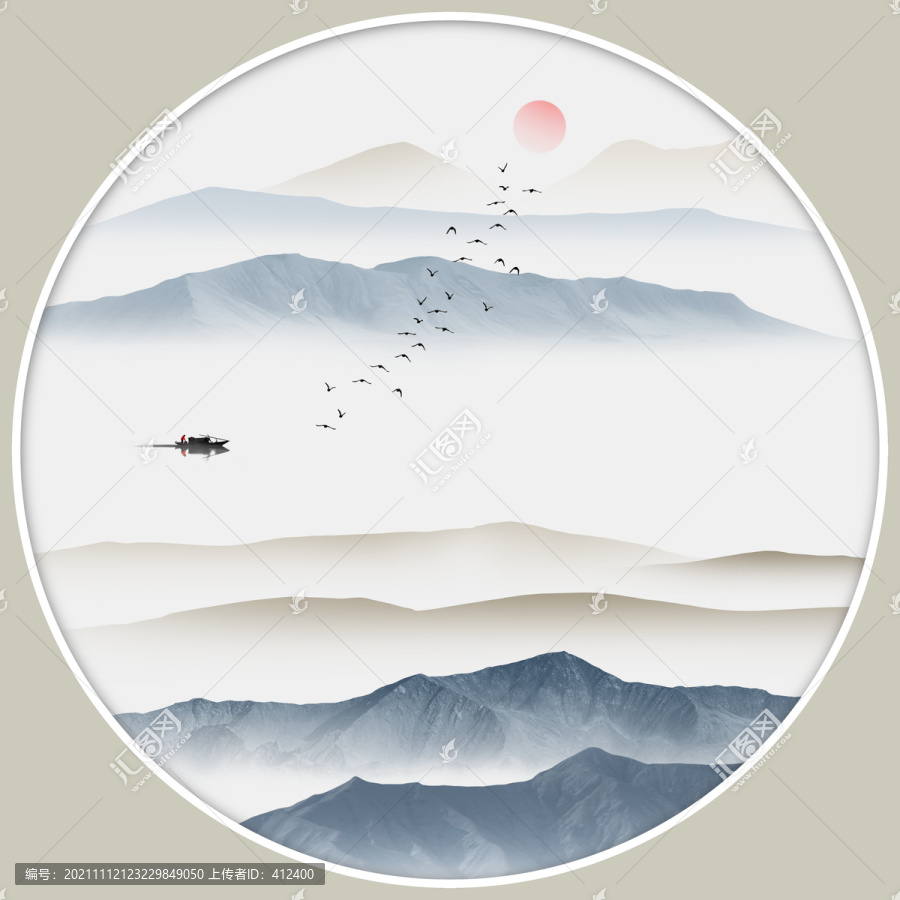 水墨山水圓形鏡心