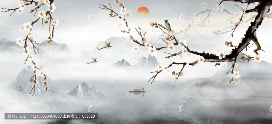 新中式花鳥壁畫