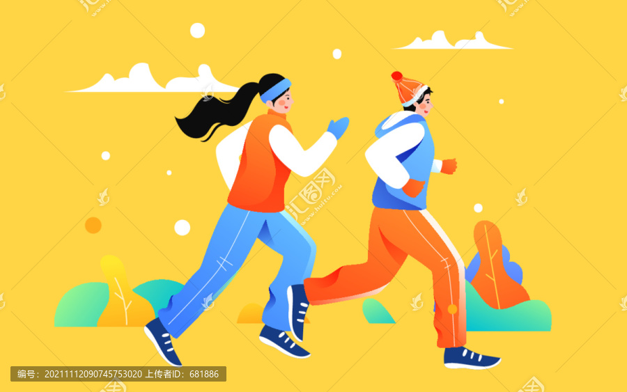 人物冬天跑步情侶戶外運動插畫