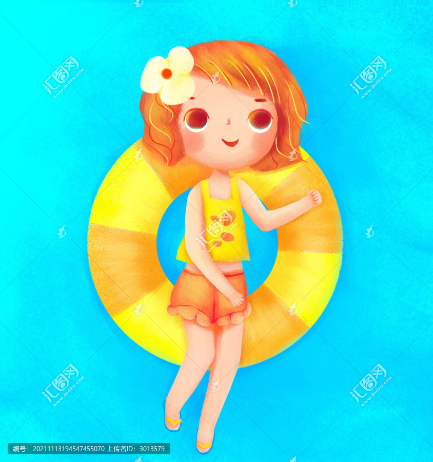 穿背心的女孩在游泳圈上曬太陽