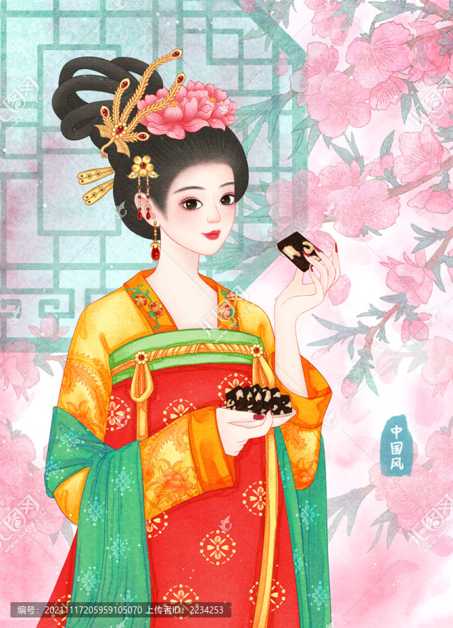 中國風(fēng)古代美人阿膠糕包裝插畫