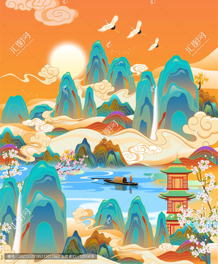 國潮山水矢量插畫