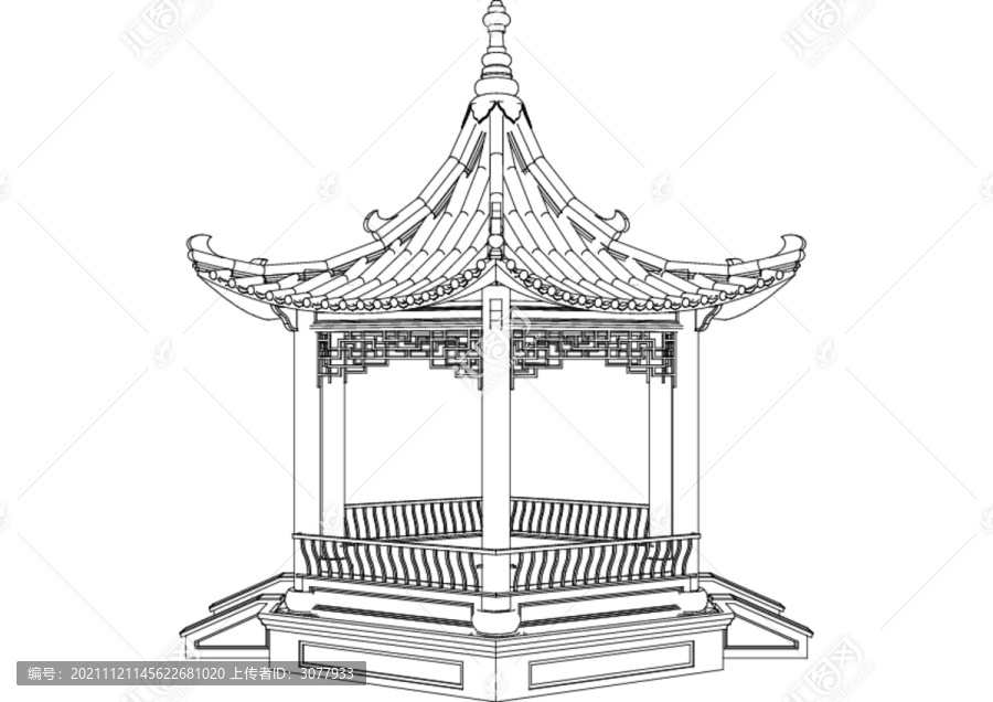 古建亭子線描稿