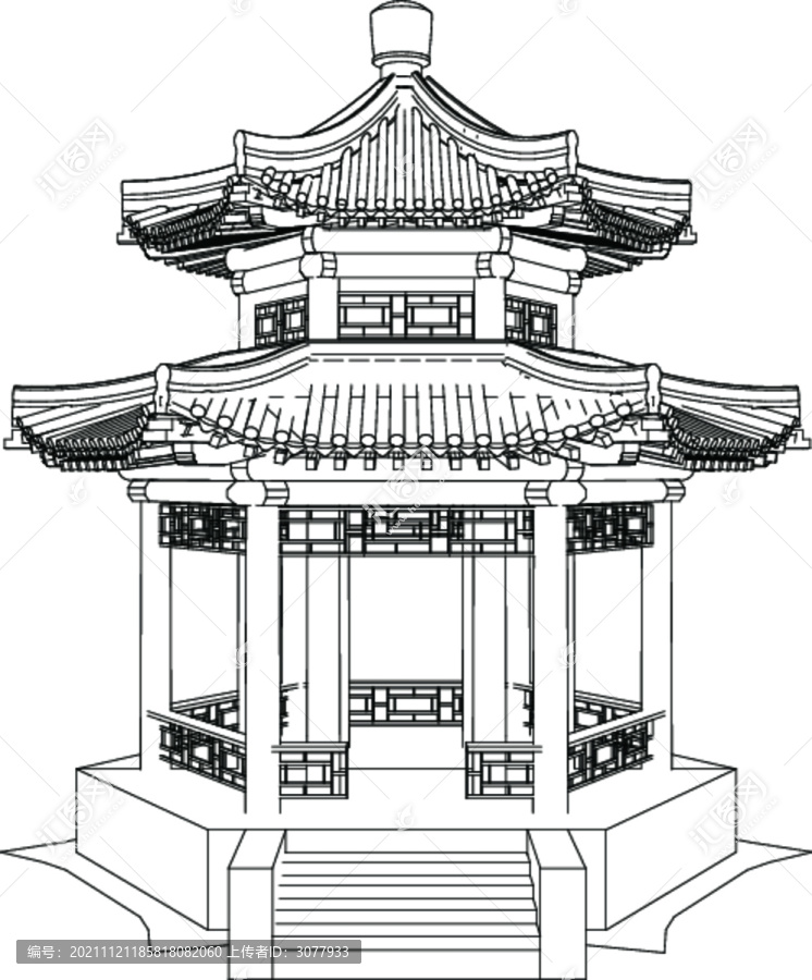 雙層重檐六角亭線描